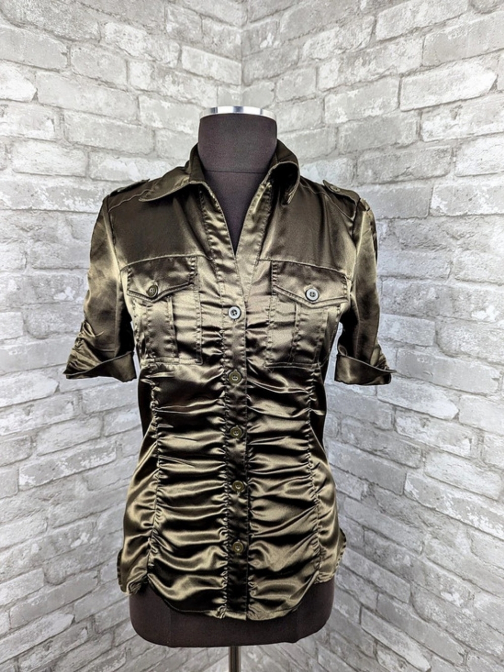 Vintage Le Château Ruched Short Sleeve Satiin Shirt in Brown Size Small Like New